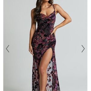 NWT Showpo Aletta Maxi Dress With Slit Burnout Velvet Floral Whimsygoth Romantic